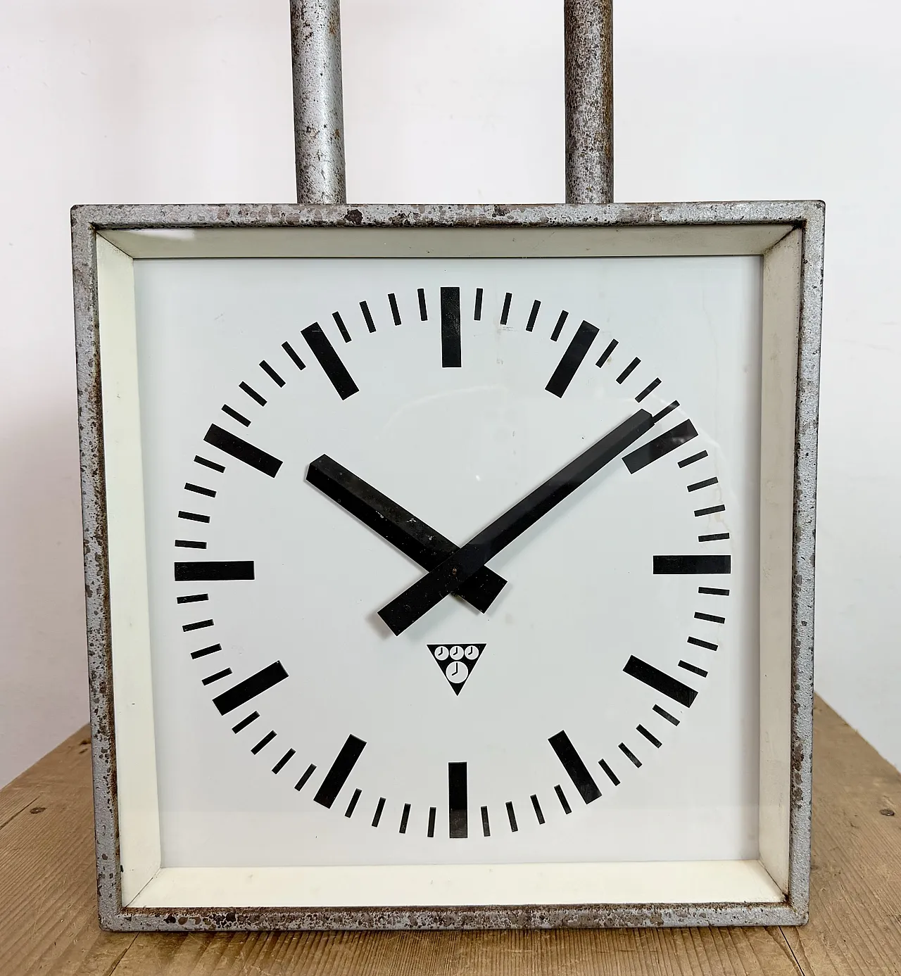 Square Double Sided Factory Ceiling Clock from Pragotron, 70s 4