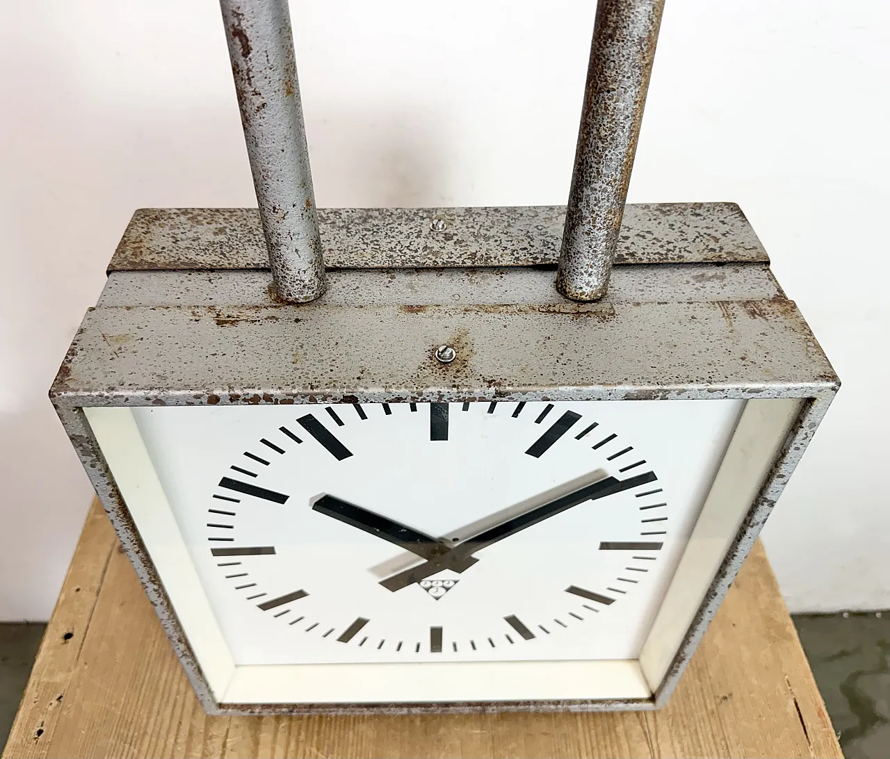 Square Double Sided Factory Ceiling Clock from Pragotron, 70s 8