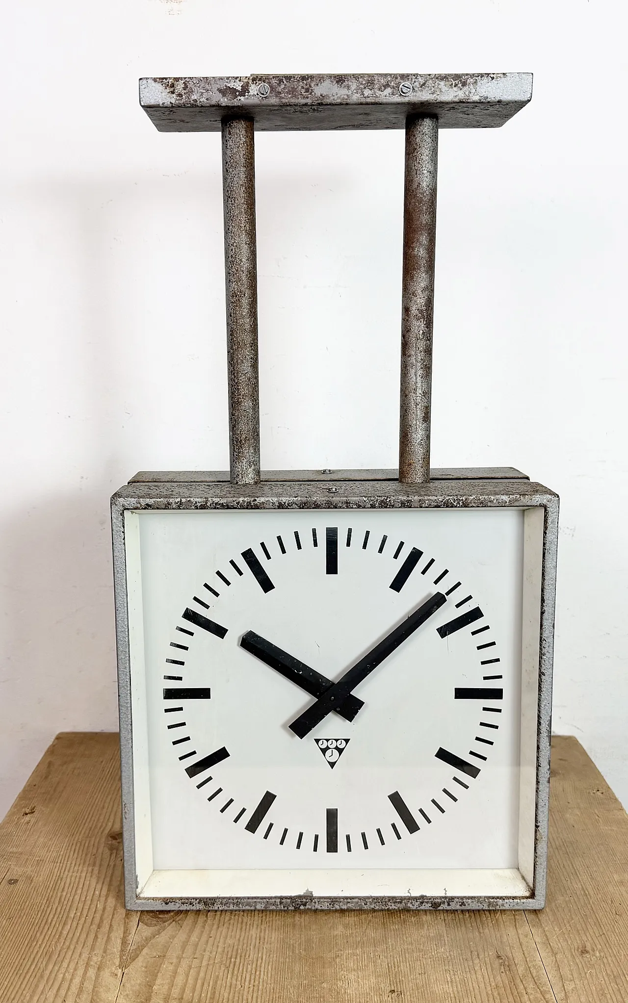 Square Double Sided Factory Ceiling Clock from Pragotron, 70s 12