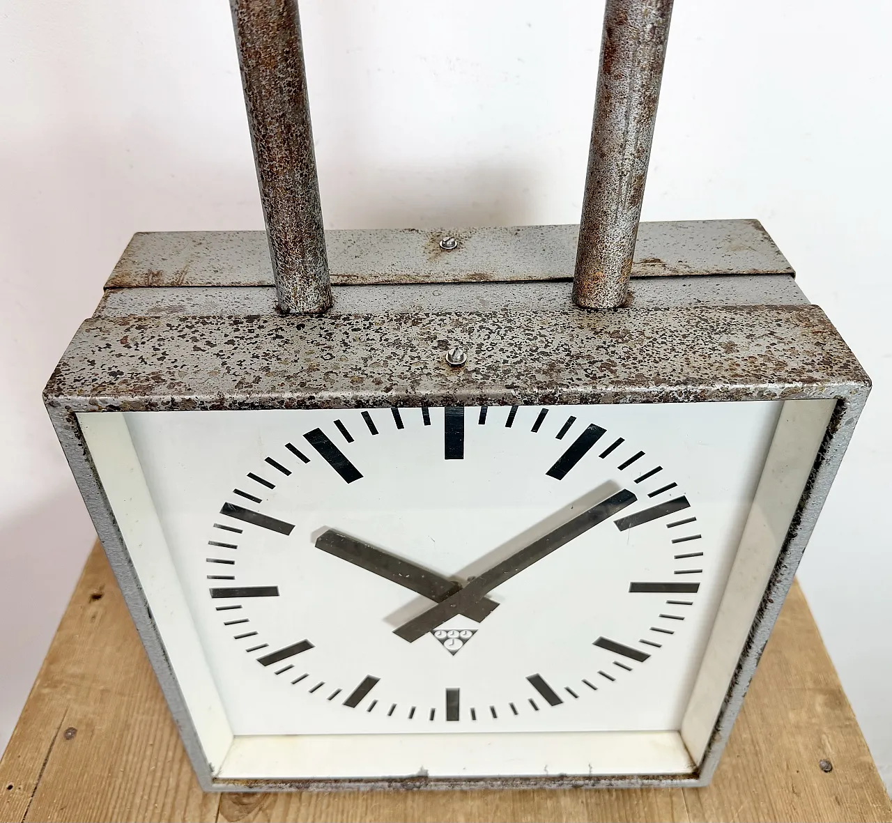 Square Double Sided Factory Ceiling Clock from Pragotron, 70s 13