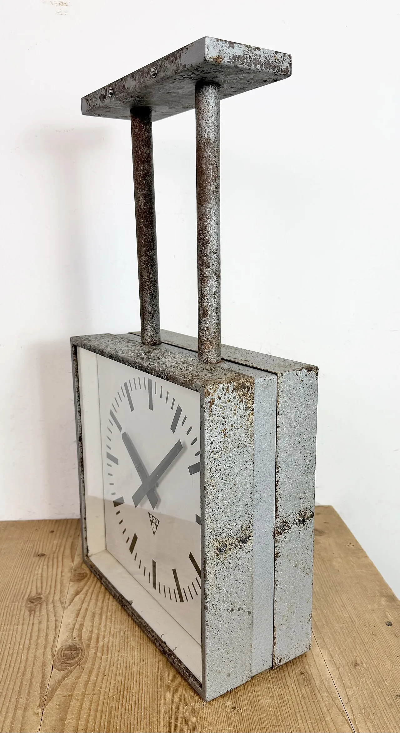 Square Double Sided Factory Ceiling Clock from Pragotron, 70s 15