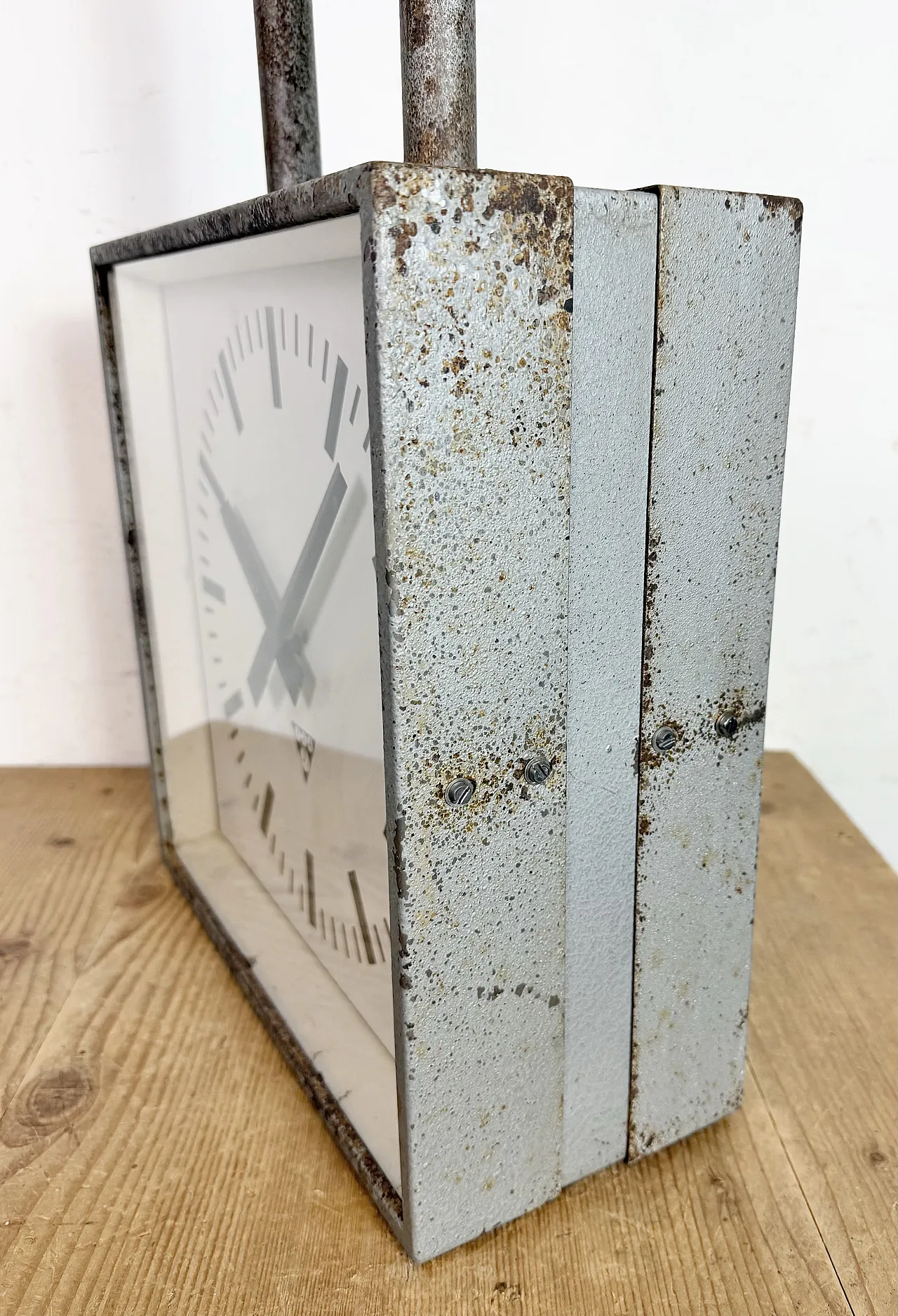 Square Double Sided Factory Ceiling Clock from Pragotron, 70s 16