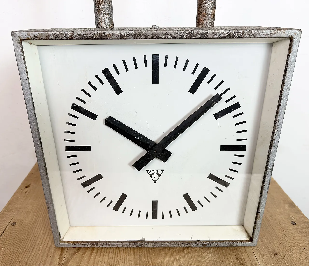 Square Double Sided Factory Ceiling Clock from Pragotron, 70s 17