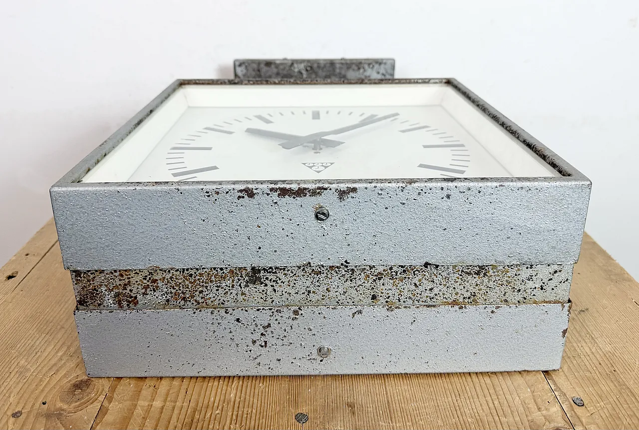 Square Double Sided Factory Ceiling Clock from Pragotron, 70s 18