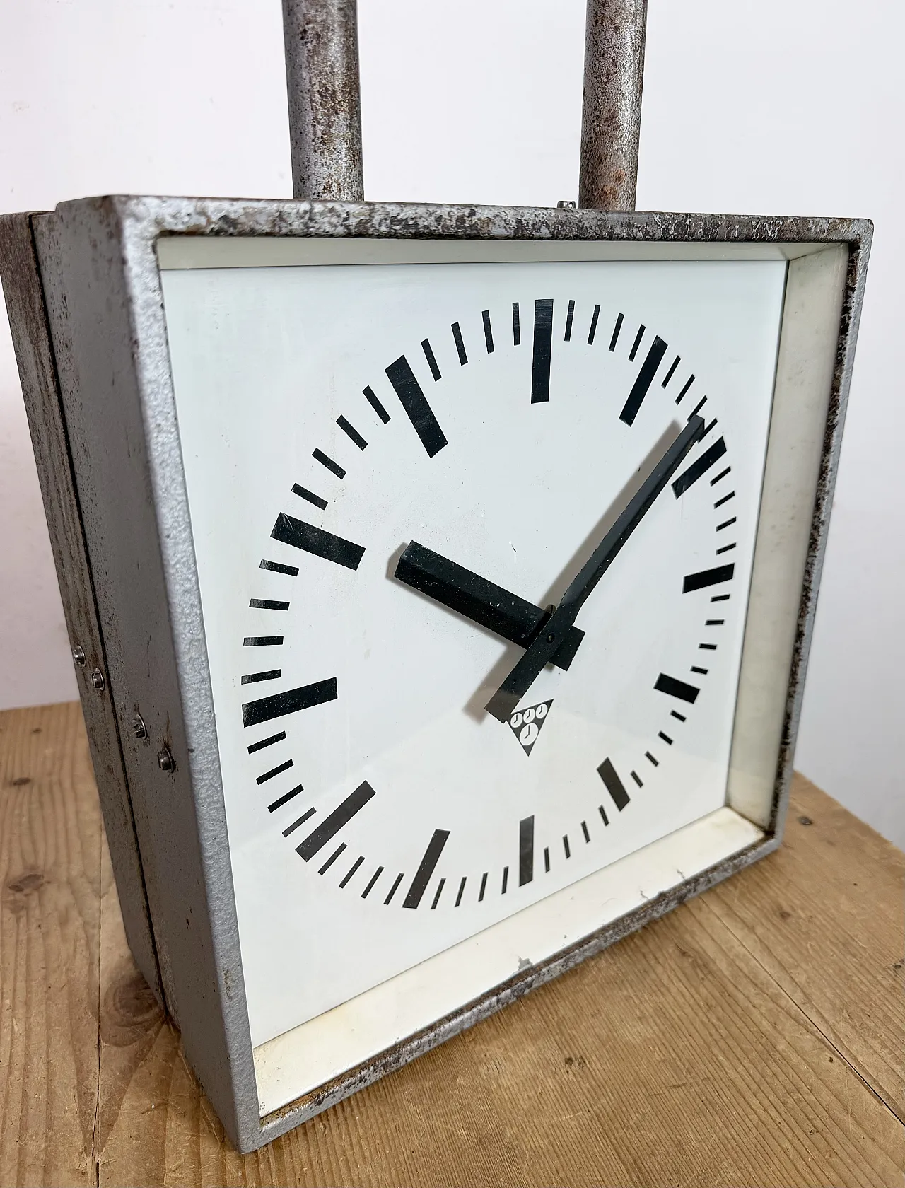 Square Double Sided Factory Ceiling Clock from Pragotron, 70s 21
