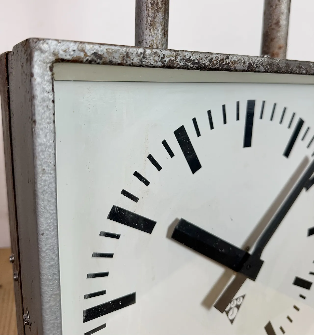 Square Double Sided Factory Ceiling Clock from Pragotron, 70s 22
