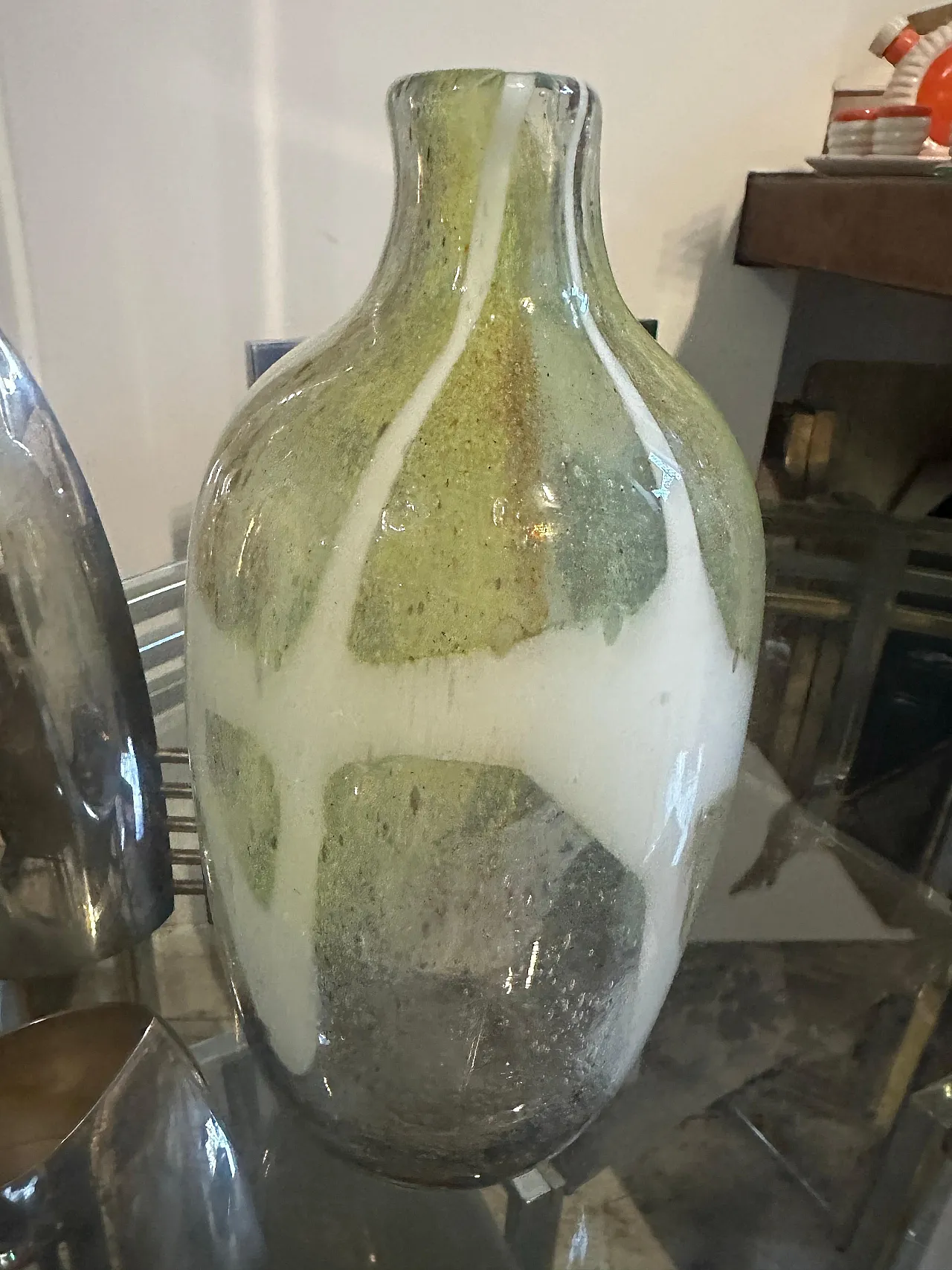 Nason style modern green and white Murano glass bottle vase, 1980s 2