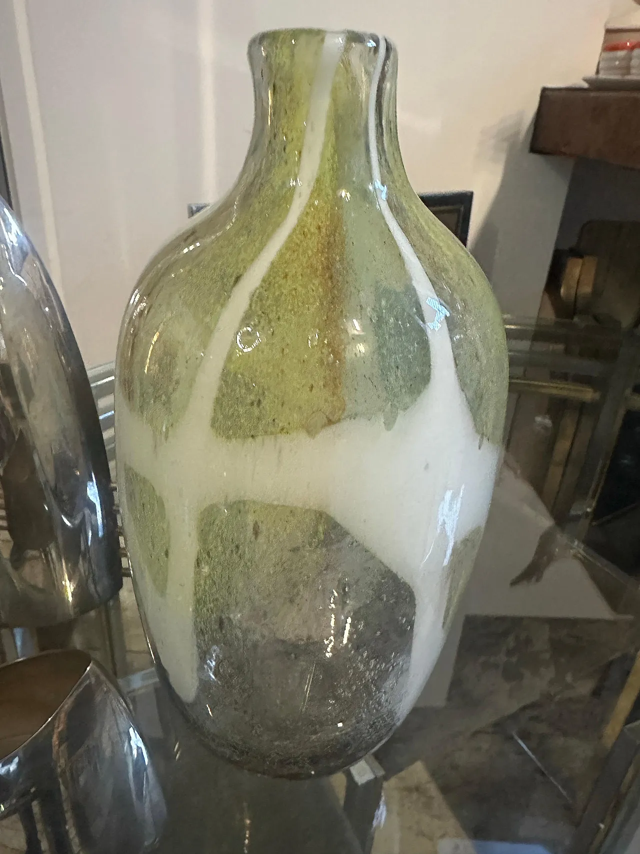 Nason style modern green and white Murano glass bottle vase, 1980s 3