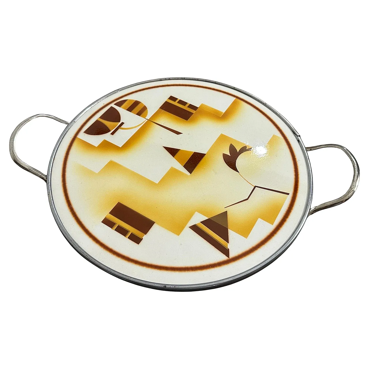 Air brushed ceramic and silver plate round tray, 1930s 1