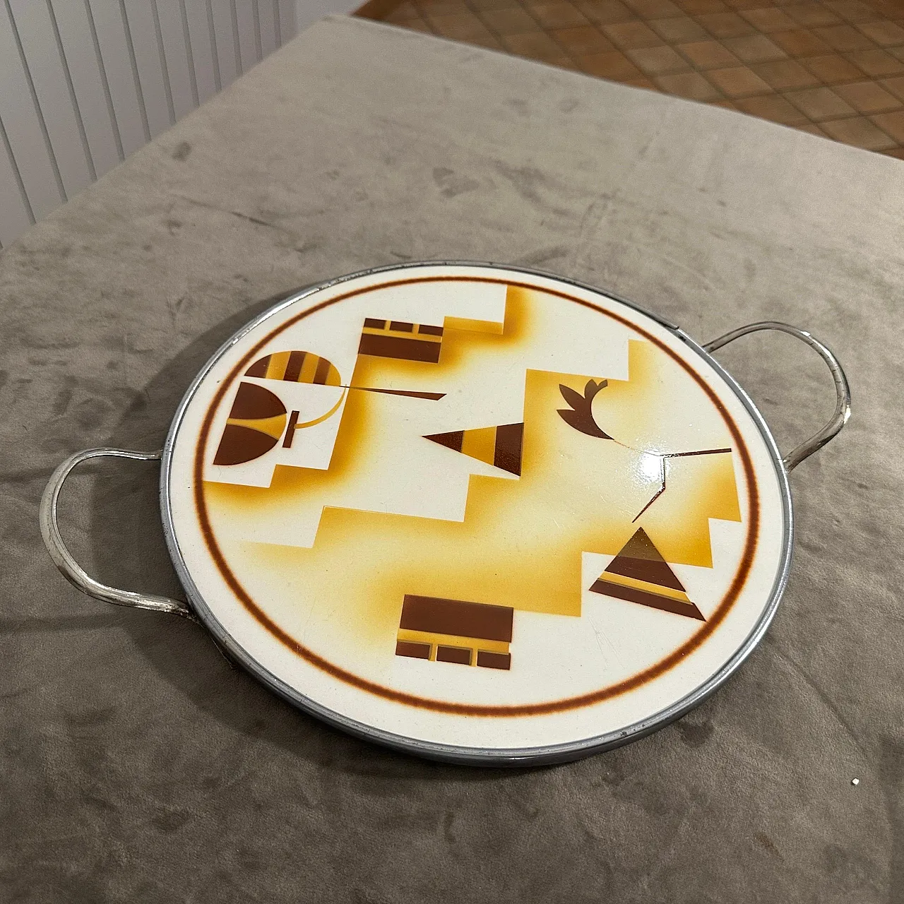 Air brushed ceramic and silver plate round tray, 1930s 2