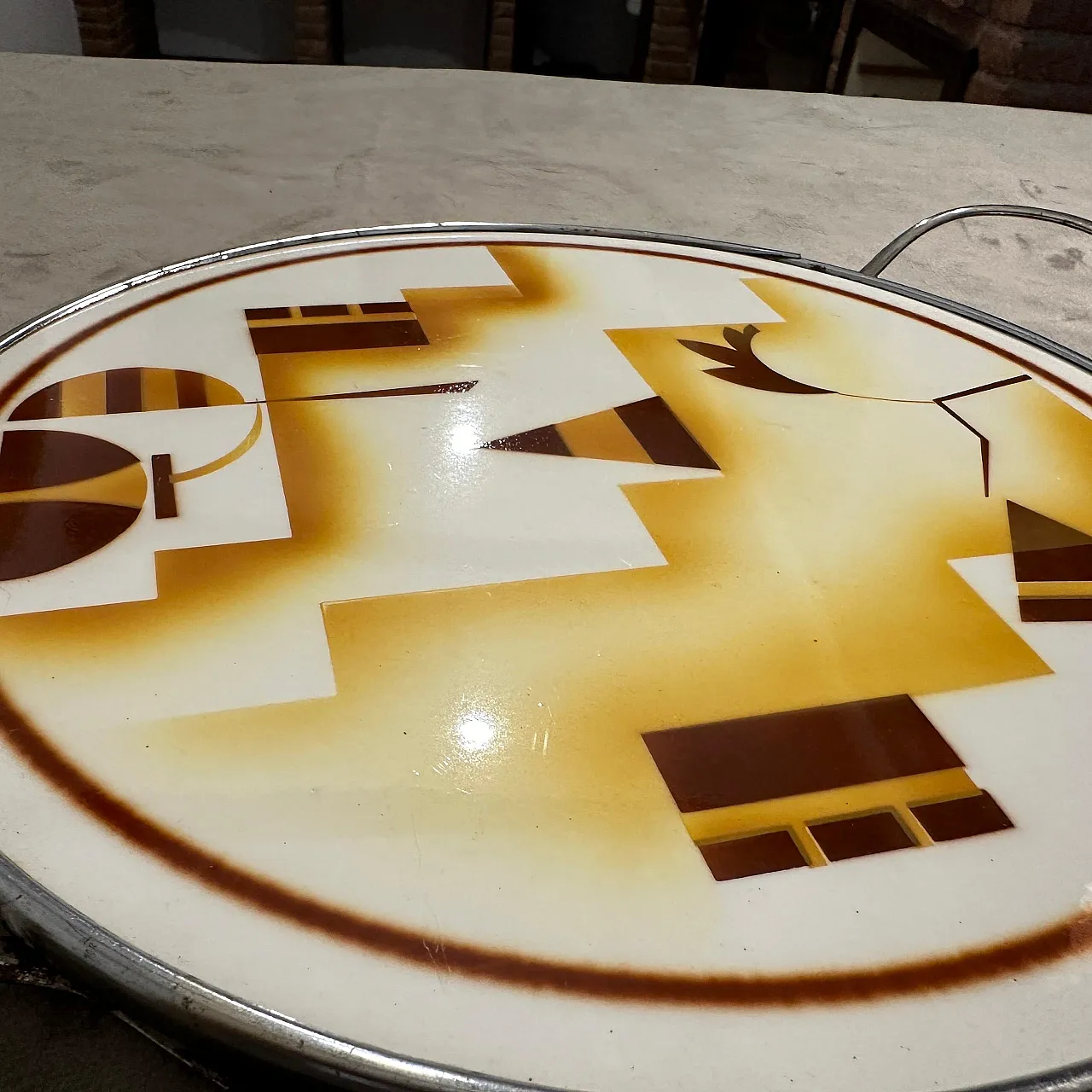 Air brushed ceramic and silver plate round tray, 1930s 5