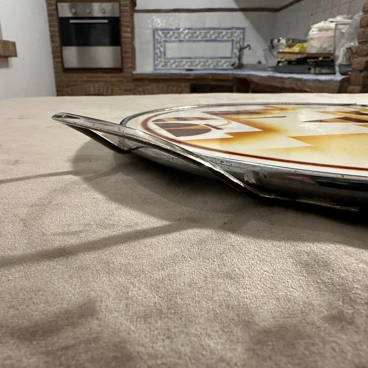 Air brushed ceramic and silver plate round tray, 1930s 6