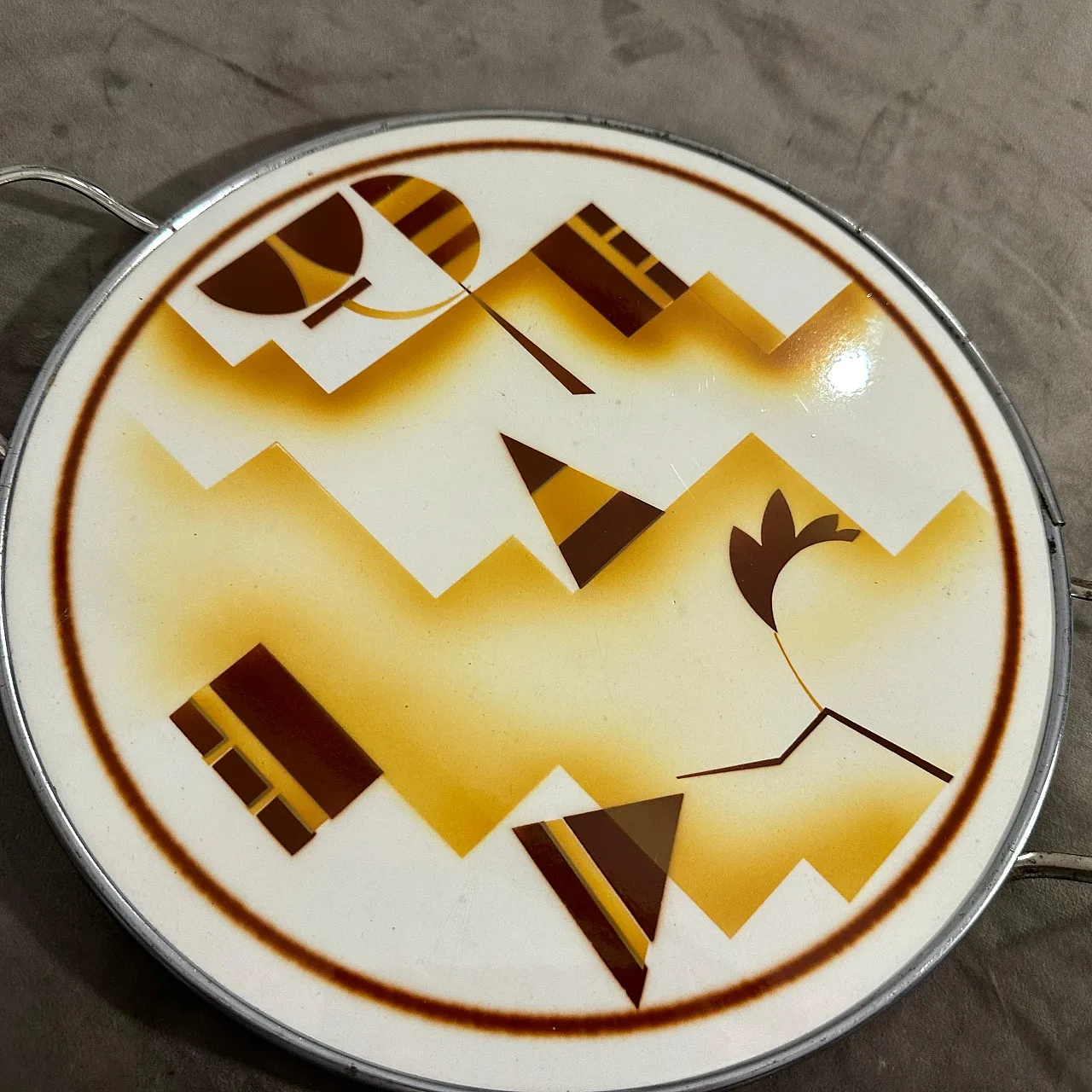 Air brushed ceramic and silver plate round tray, 1930s 7