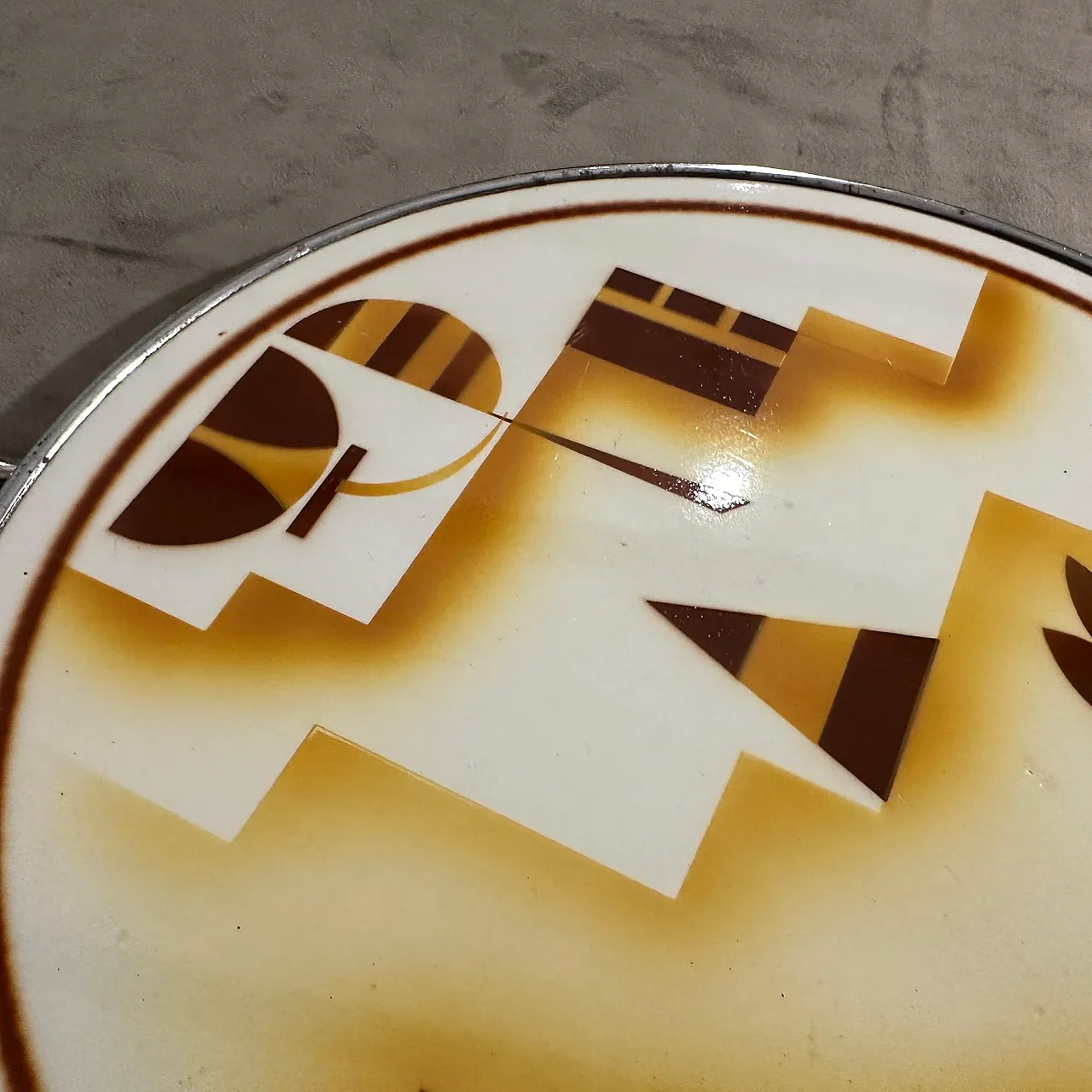 Air brushed ceramic and silver plate round tray, 1930s 9