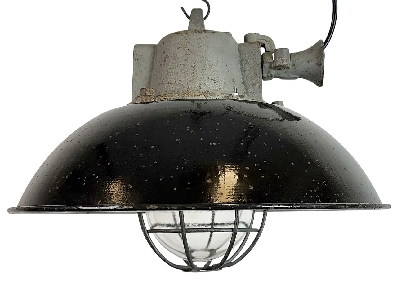 Black Enamel and Cast Iron Industrial Cage Pendant Light, 1960s 1
