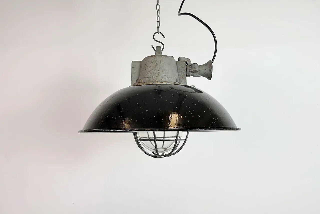 Black Enamel and Cast Iron Industrial Cage Pendant Light, 1960s 2