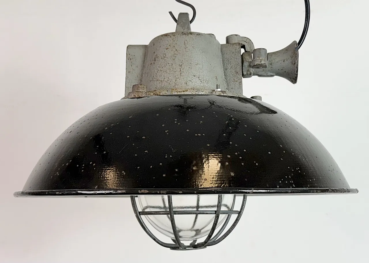 Black Enamel and Cast Iron Industrial Cage Pendant Light, 1960s 3
