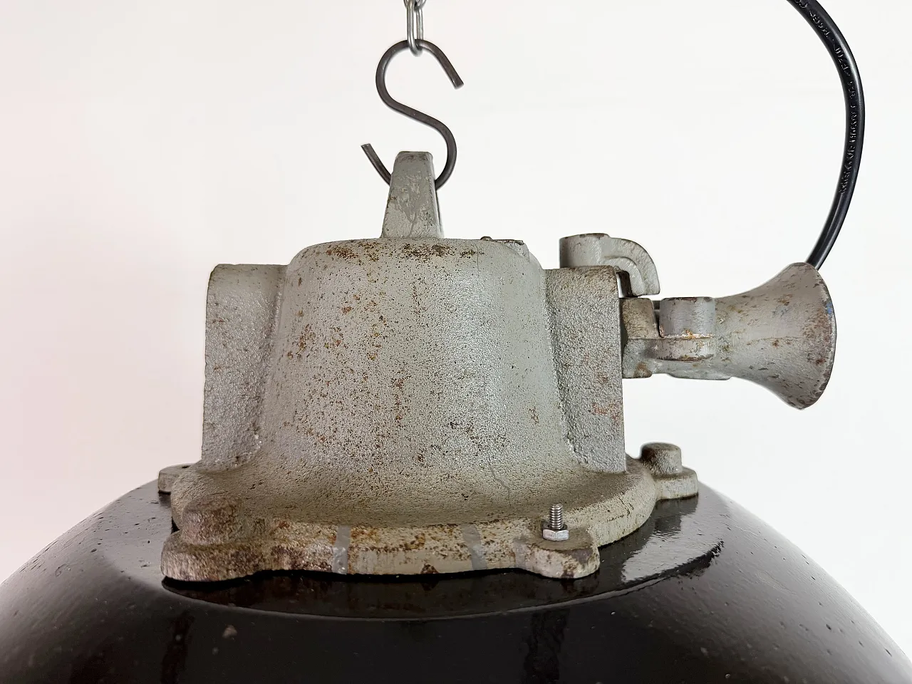 Black Enamel and Cast Iron Industrial Cage Pendant Light, 1960s 4