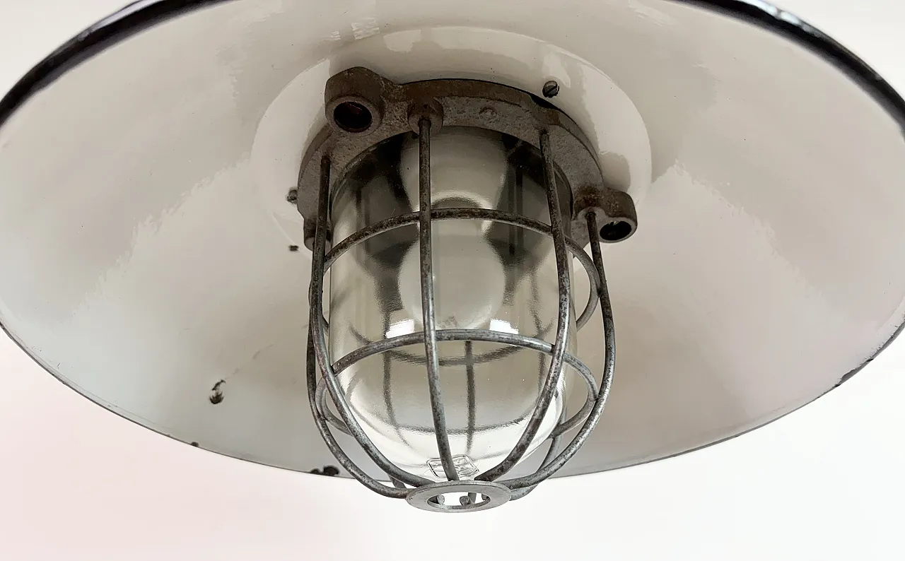 Black Enamel and Cast Iron Industrial Cage Pendant Light, 1960s 6