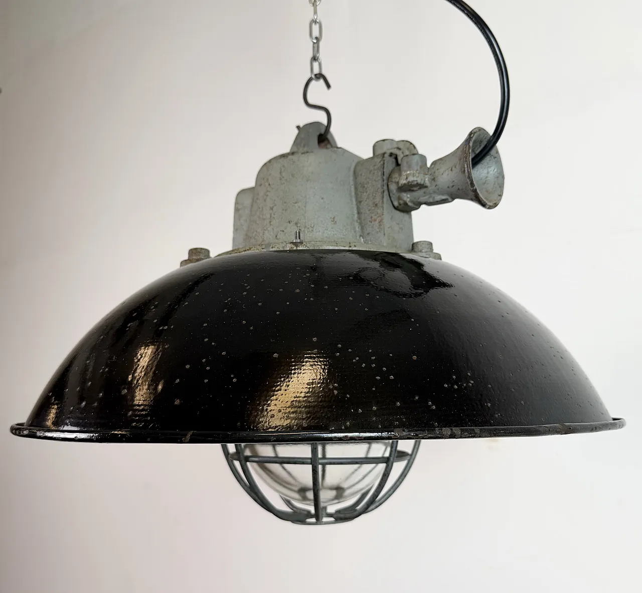Black Enamel and Cast Iron Industrial Cage Pendant Light, 1960s 7