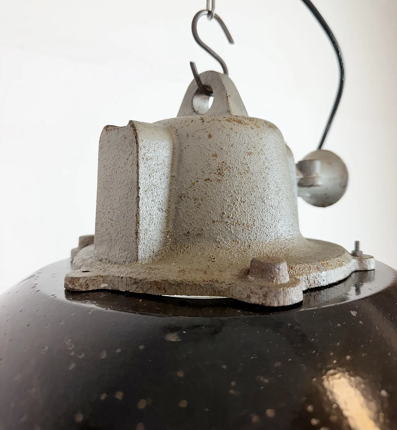 Black Enamel and Cast Iron Industrial Cage Pendant Light, 1960s 9