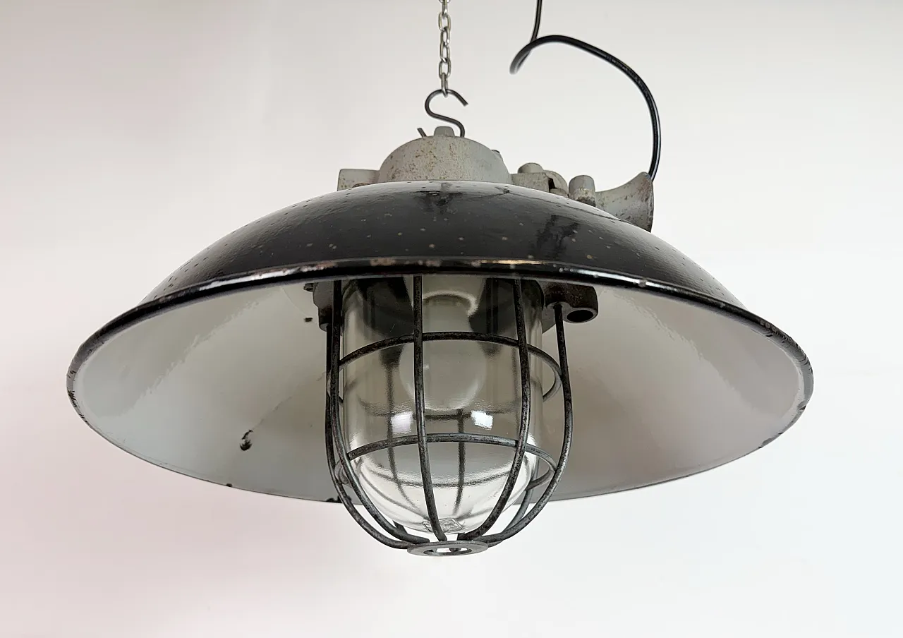 Black Enamel and Cast Iron Industrial Cage Pendant Light, 1960s 10