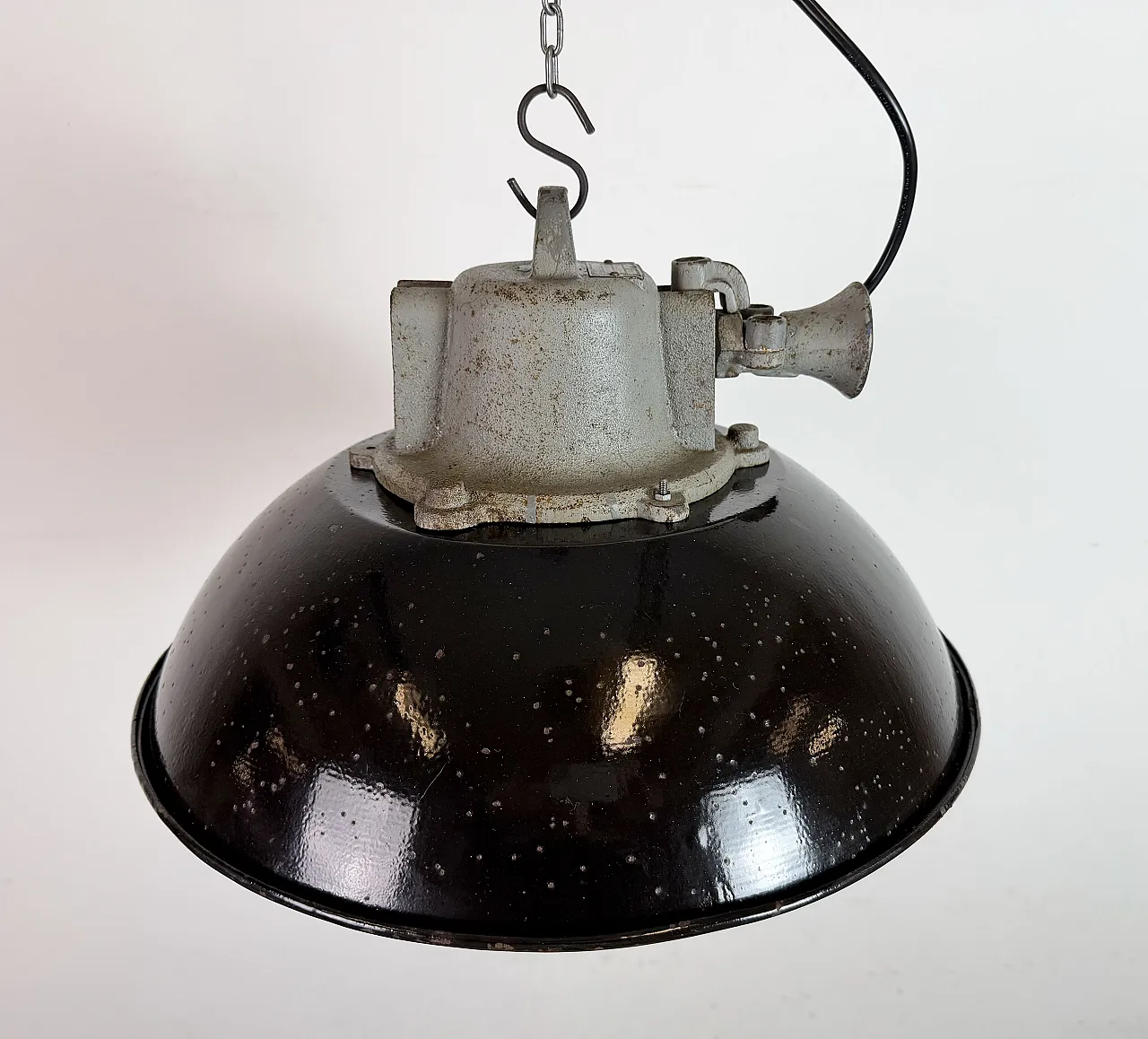Black Enamel and Cast Iron Industrial Cage Pendant Light, 1960s 11