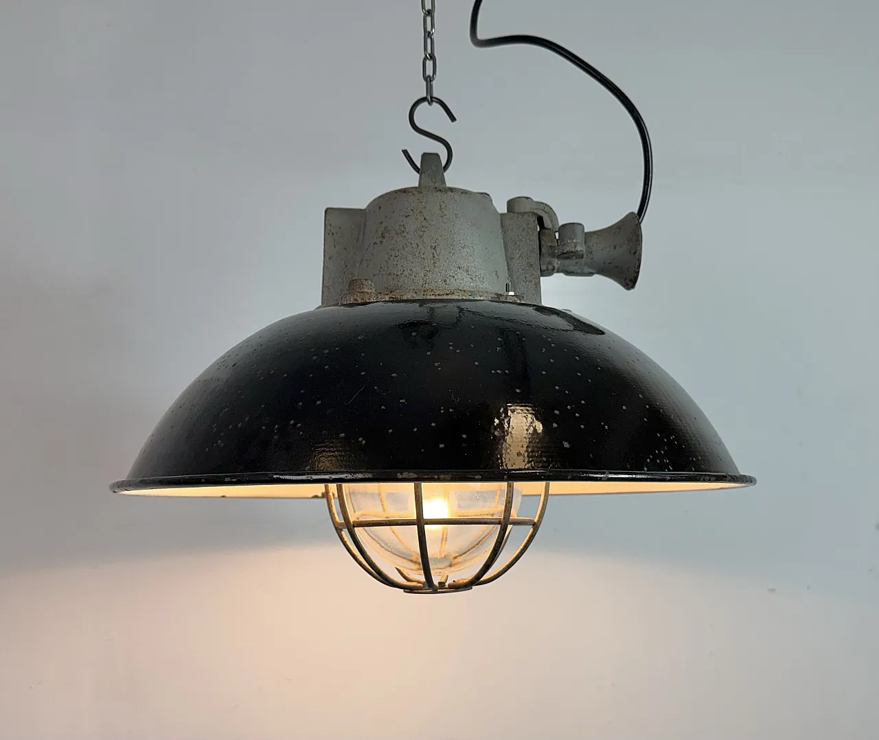 Black Enamel and Cast Iron Industrial Cage Pendant Light, 1960s 14