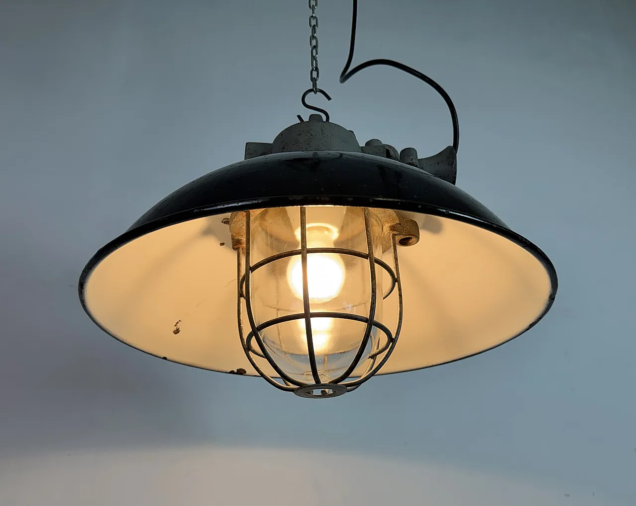 Black Enamel and Cast Iron Industrial Cage Pendant Light, 1960s 15