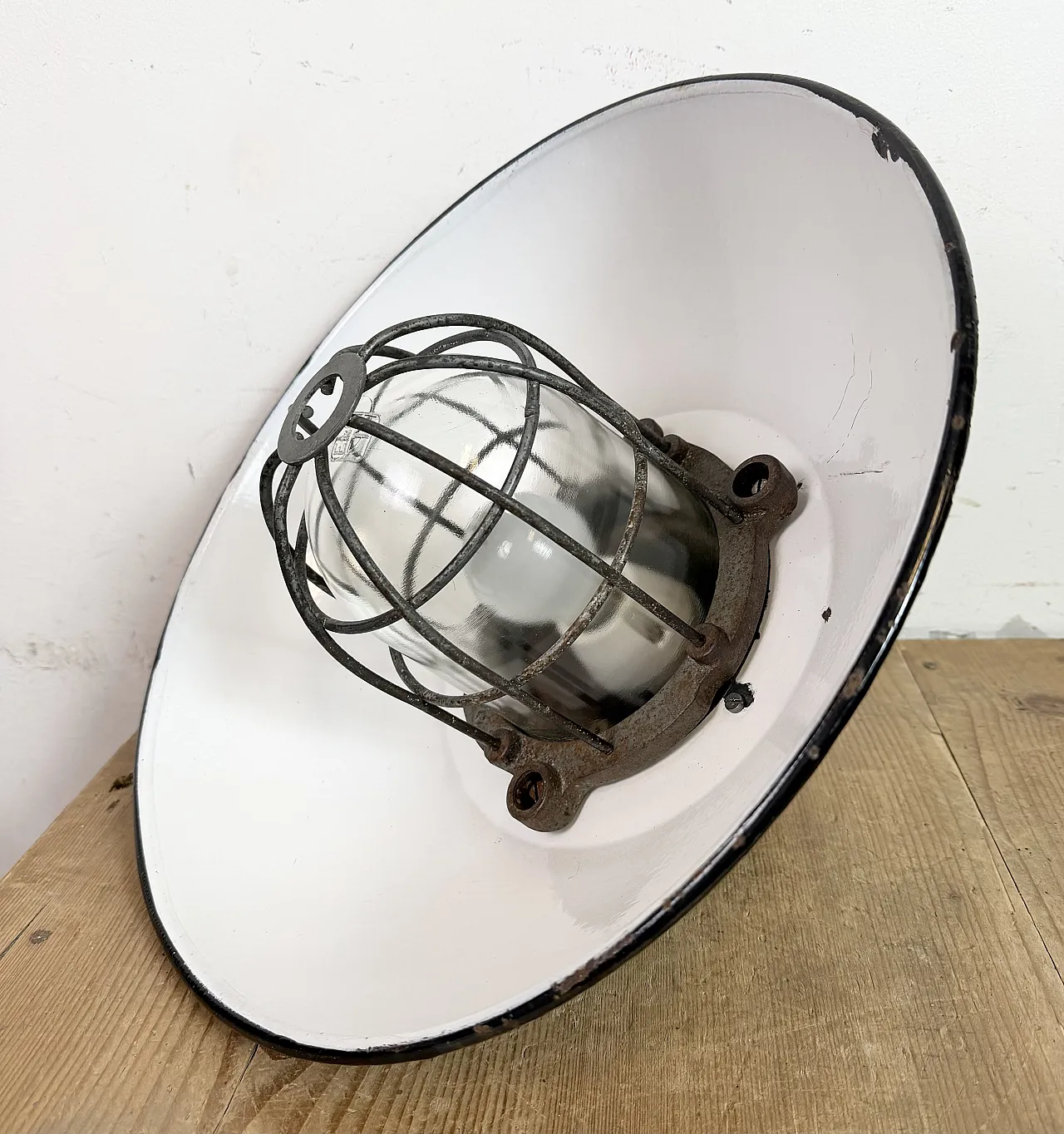 Black Enamel and Cast Iron Industrial Cage Pendant Light, 1960s 19