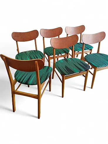 6 Teak Chairs with Green, 50s