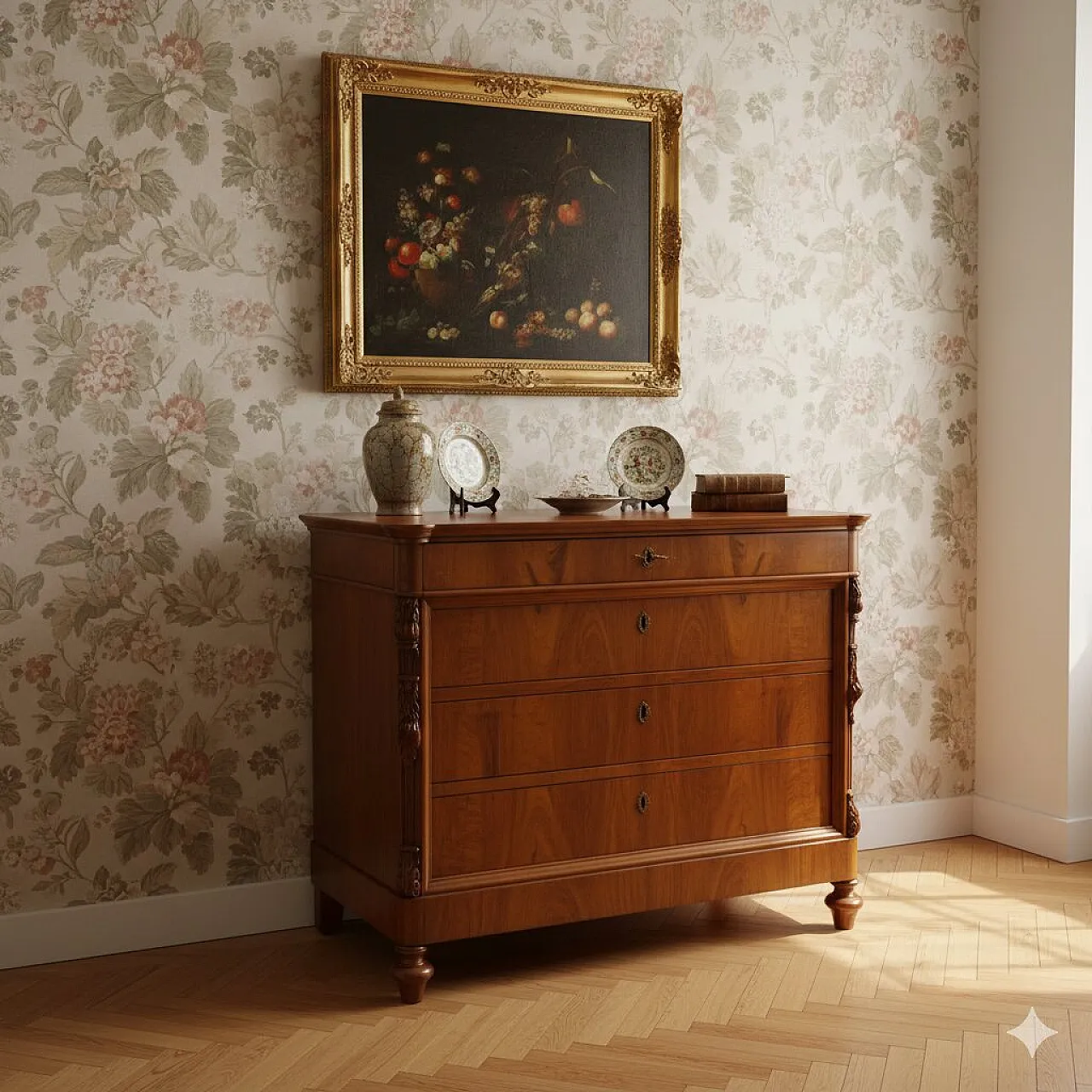 Comò Carlo X, lastronato in mogano e mogano prugna, fine '800 2