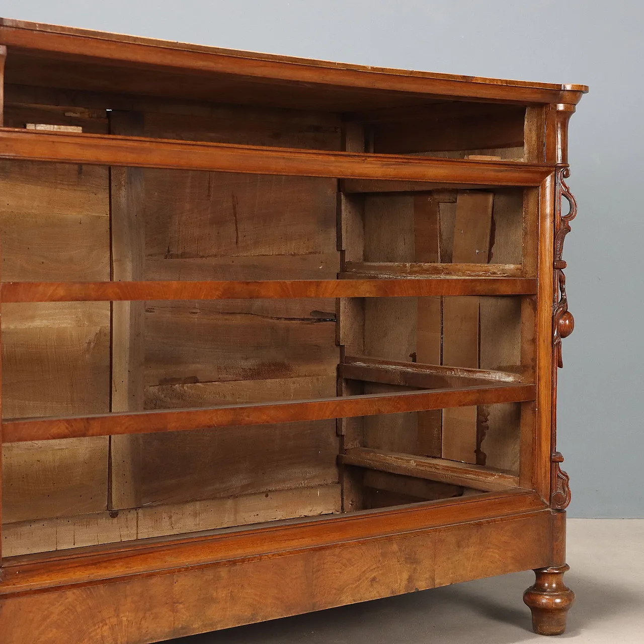 Comò Carlo X, lastronato in mogano e mogano prugna, fine '800 10