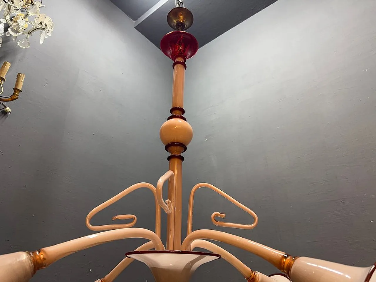 Lampadario Art Déco in vetro di Murano rosa, anni '50 7