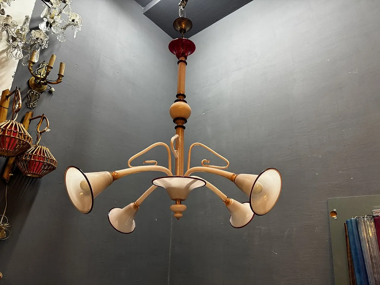 Lampadario Art Déco in vetro di Murano rosa, anni '50 9