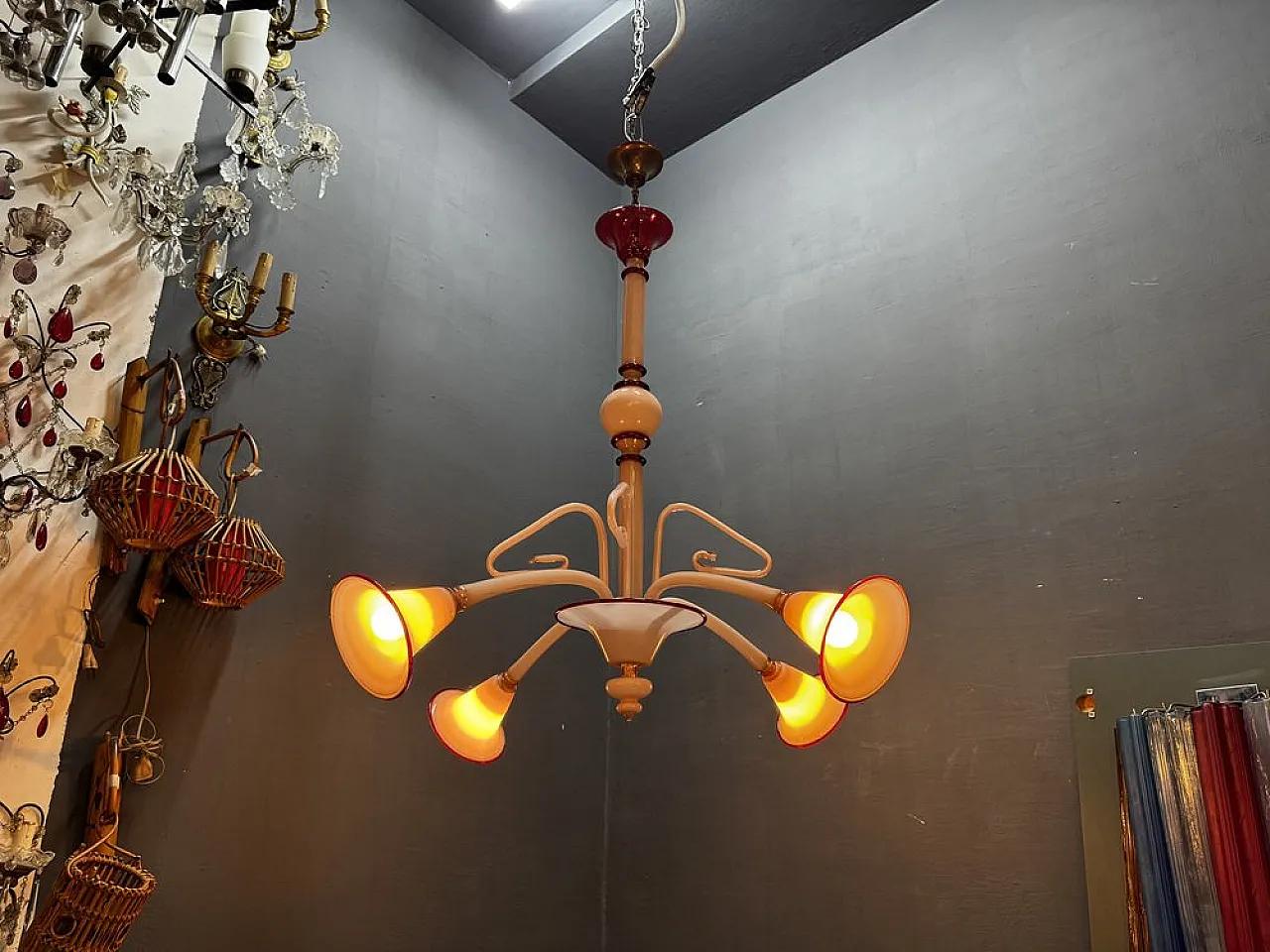 Lampadario Art Déco in vetro di Murano rosa, anni '50 12