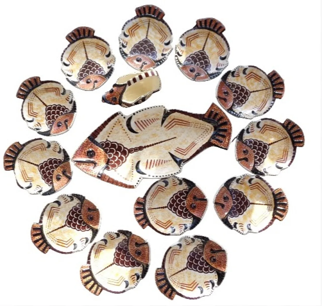 French Mid-Century Earthenware Barbotine Fish Dinner set, 50s 4