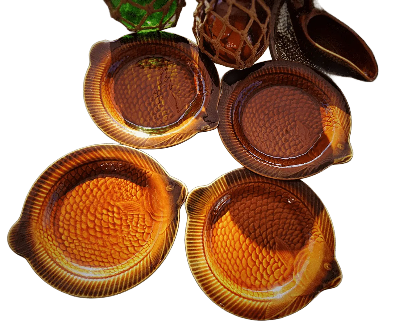 Mid-Century Majolica Brown Fish Set of 4 Plates by Sarreguemines, 50s 4
