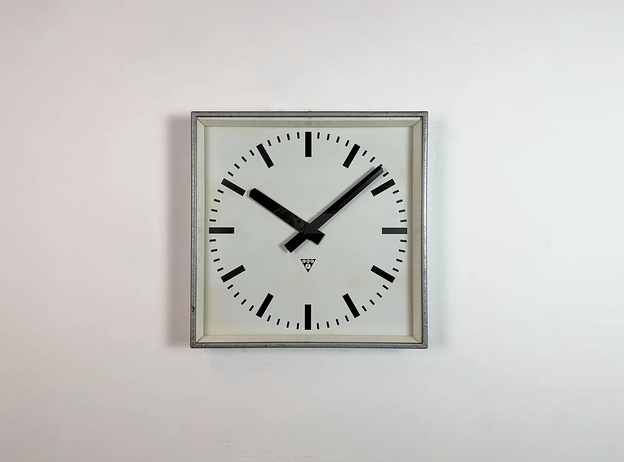 Large Grey Square Wall Clock from Pragotron, 1970s 2