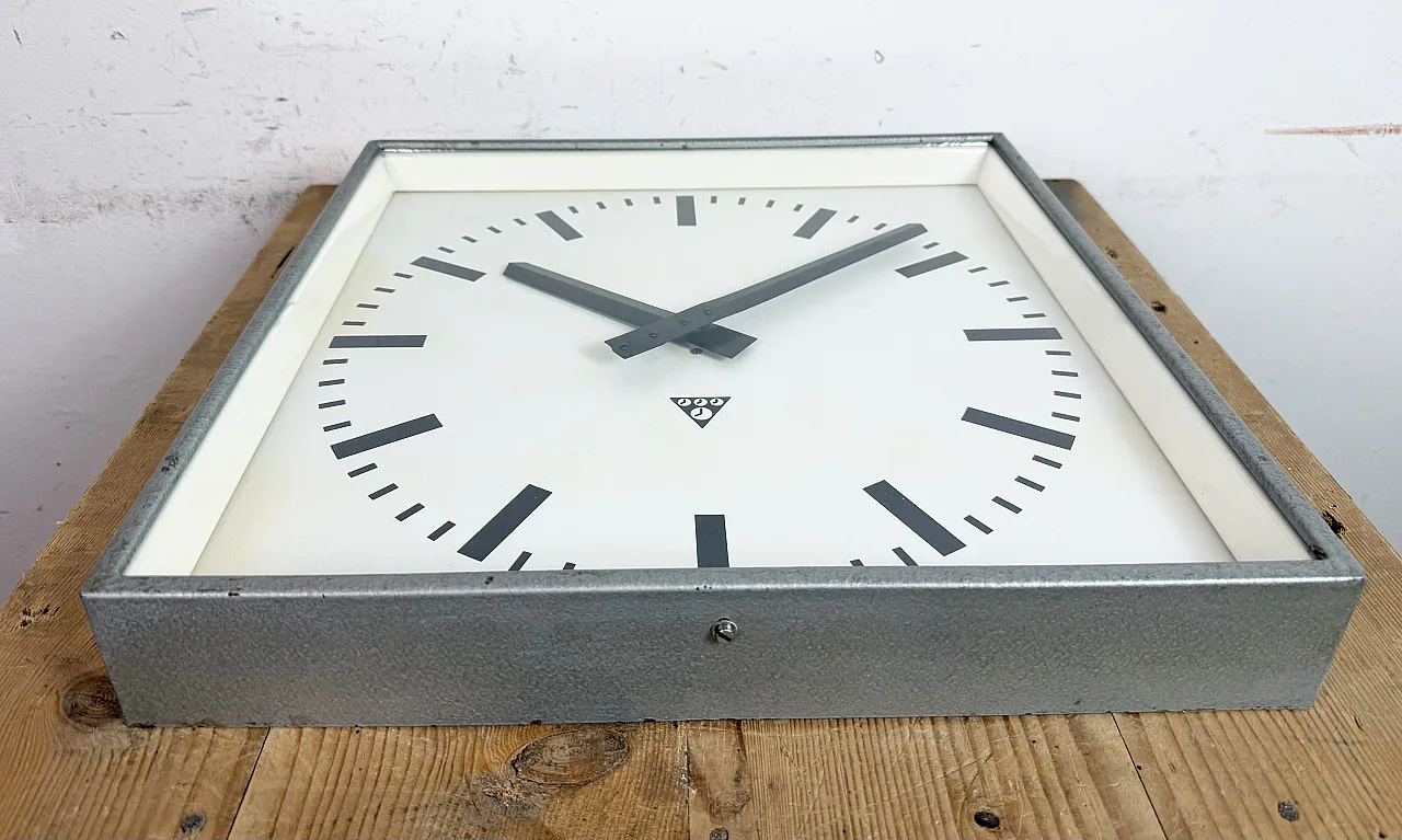 Large Grey Square Wall Clock from Pragotron, 1970s 7