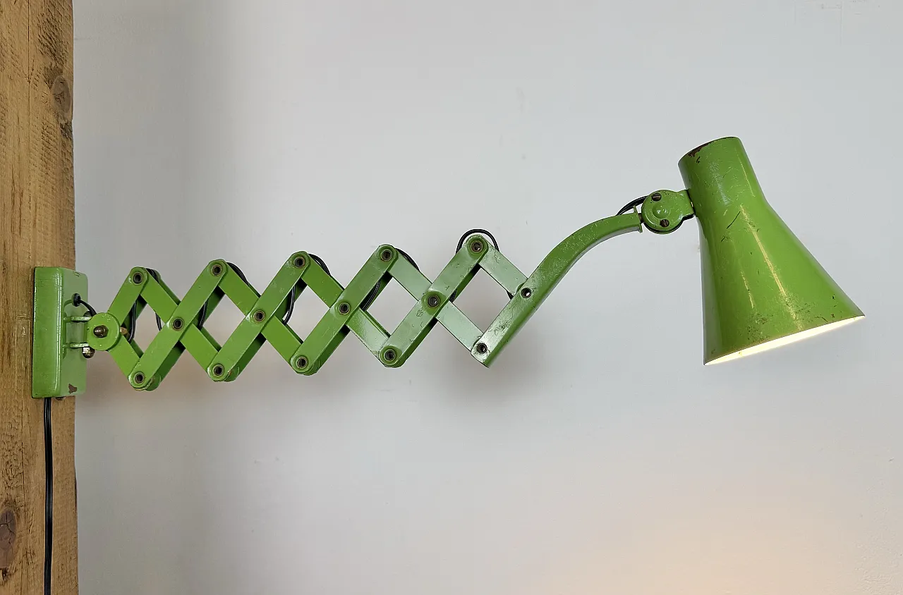 Green Industrial German Scissor Wall Lamp from Kaiser Leuchten, 1960s 17