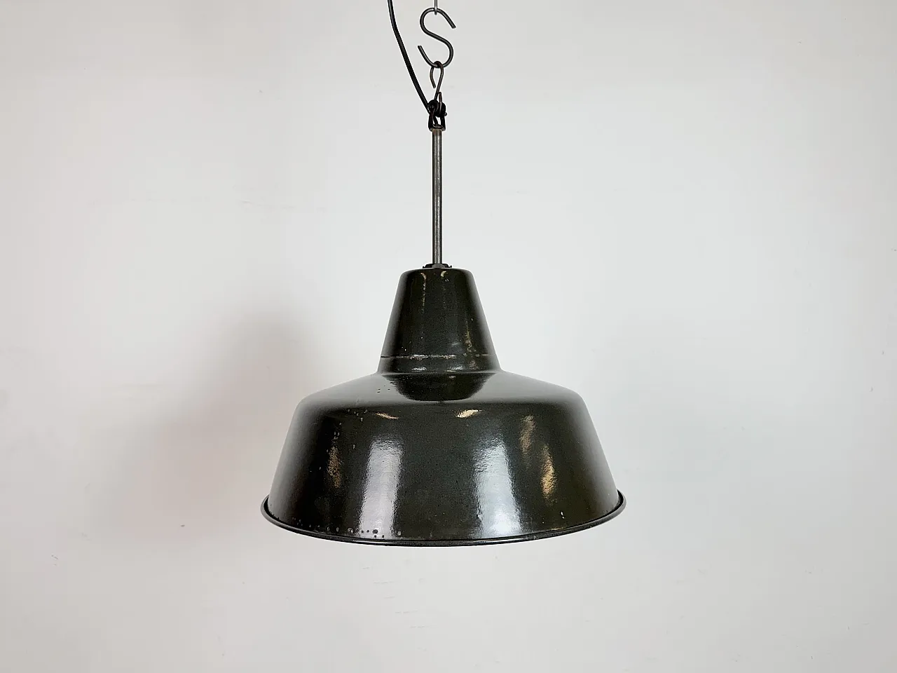 Industrial Black Enamel Factory Lamp with Iron Top, 1950s 2