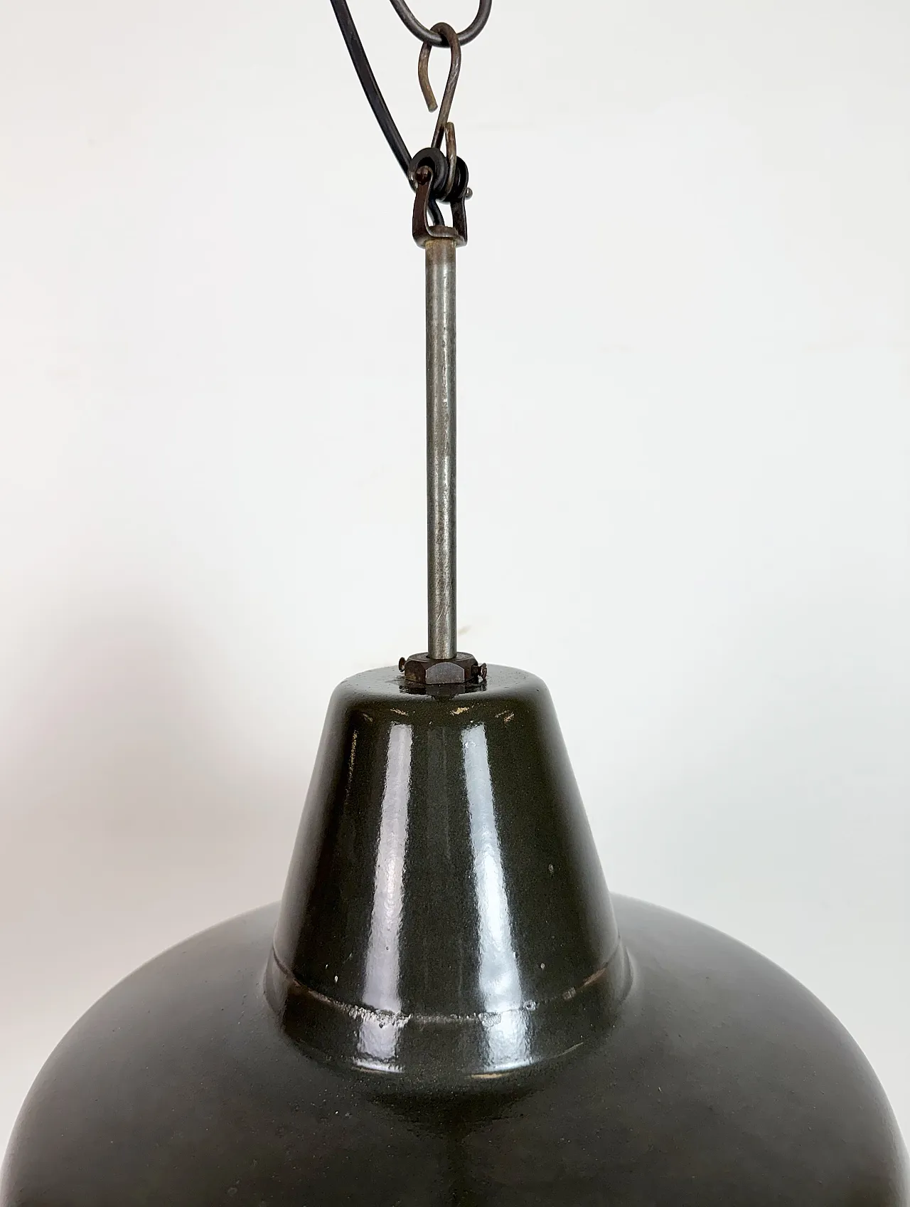 Industrial Black Enamel Factory Lamp with Iron Top, 1950s 4