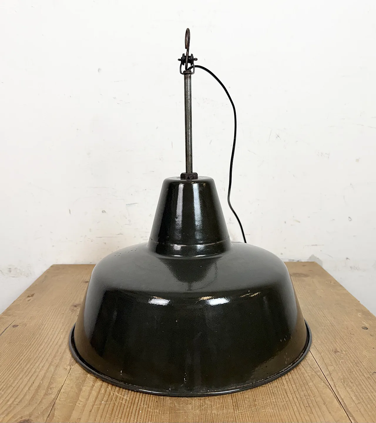 Industrial Black Enamel Factory Lamp with Iron Top, 1950s 10