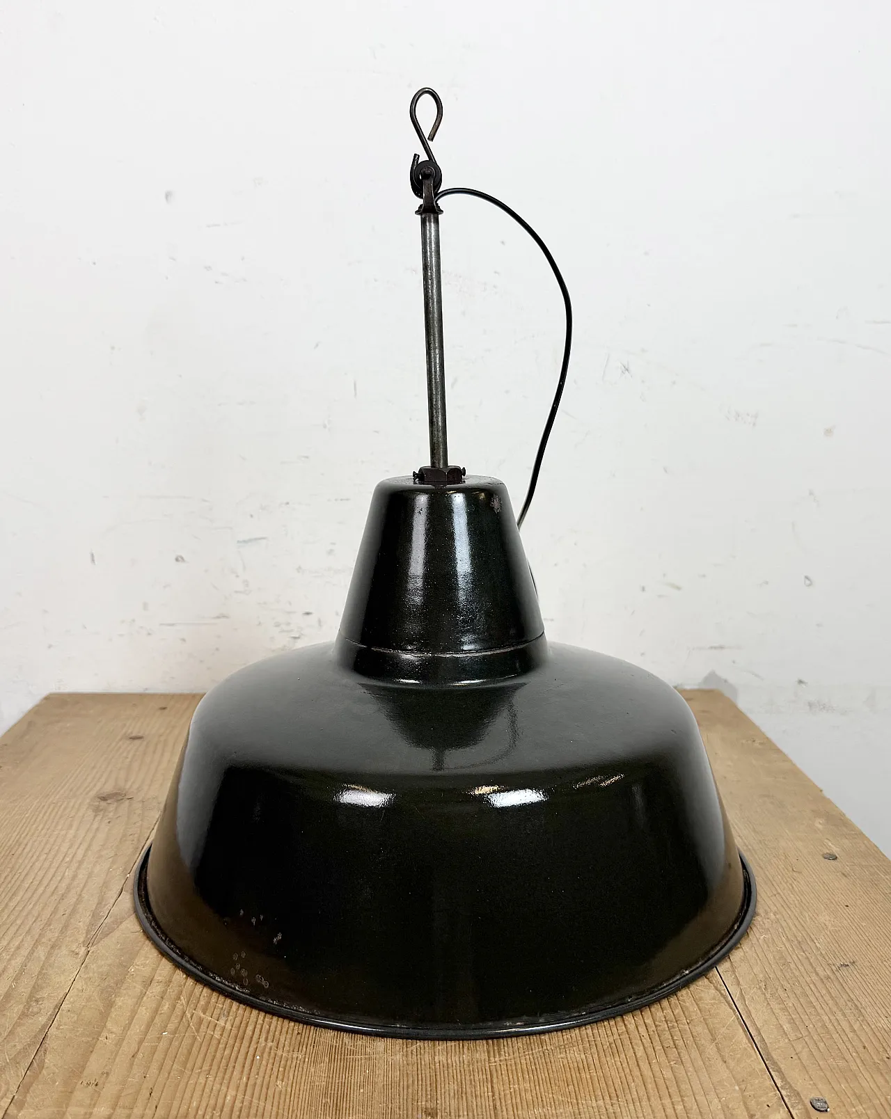Industrial Black Enamel Factory Lamp with Iron Top, 1950s 12