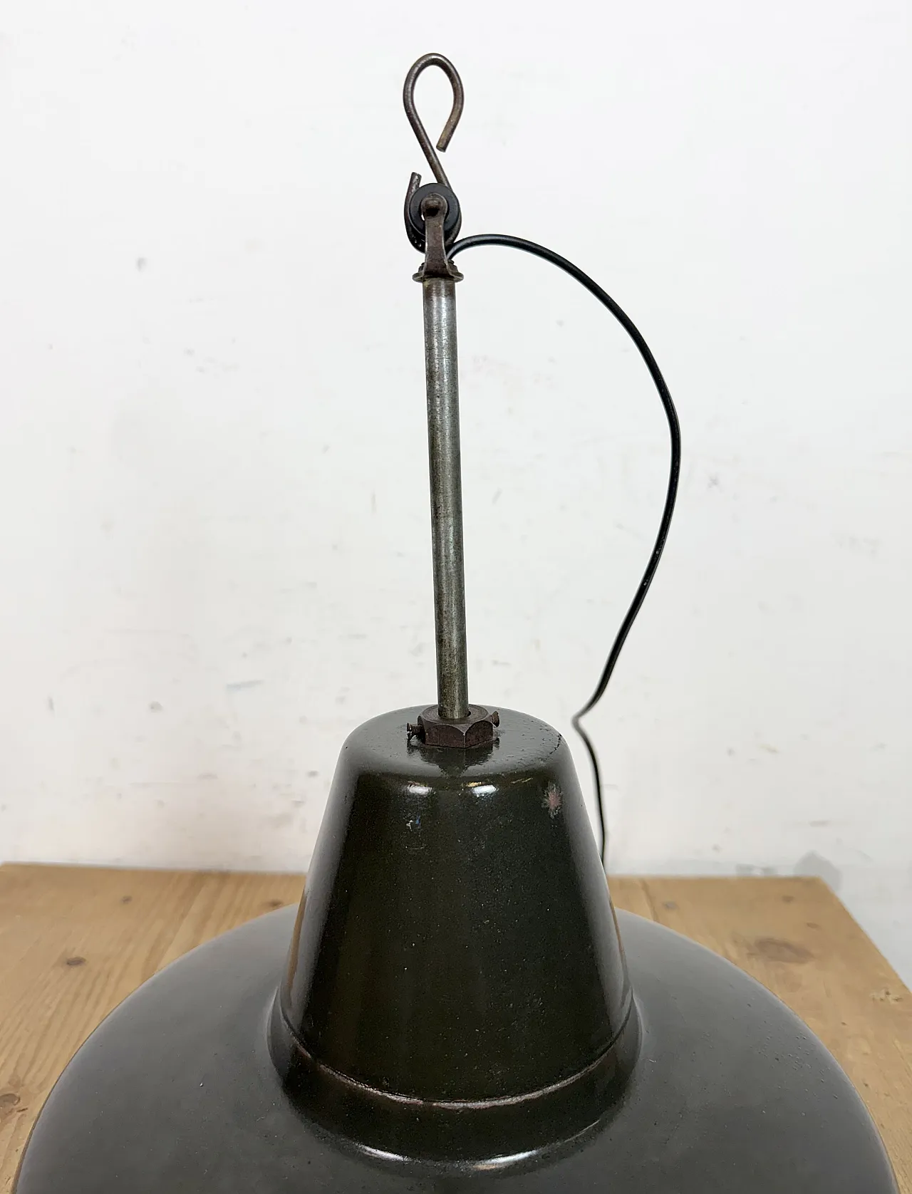 Industrial Black Enamel Factory Lamp with Iron Top, 1950s 13