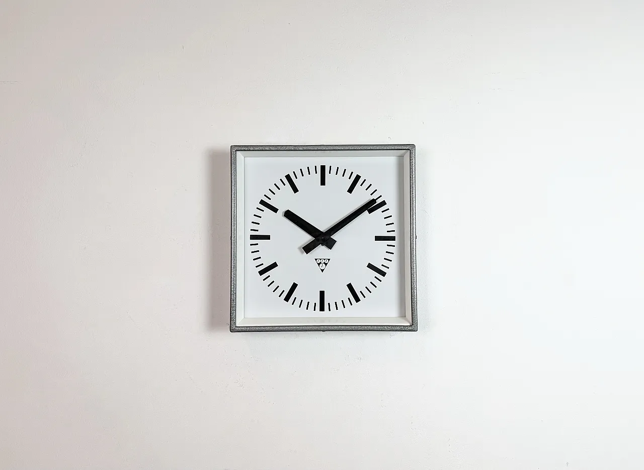 Grey Industrial Square Wall Clock from Pragotron, 1970s 2