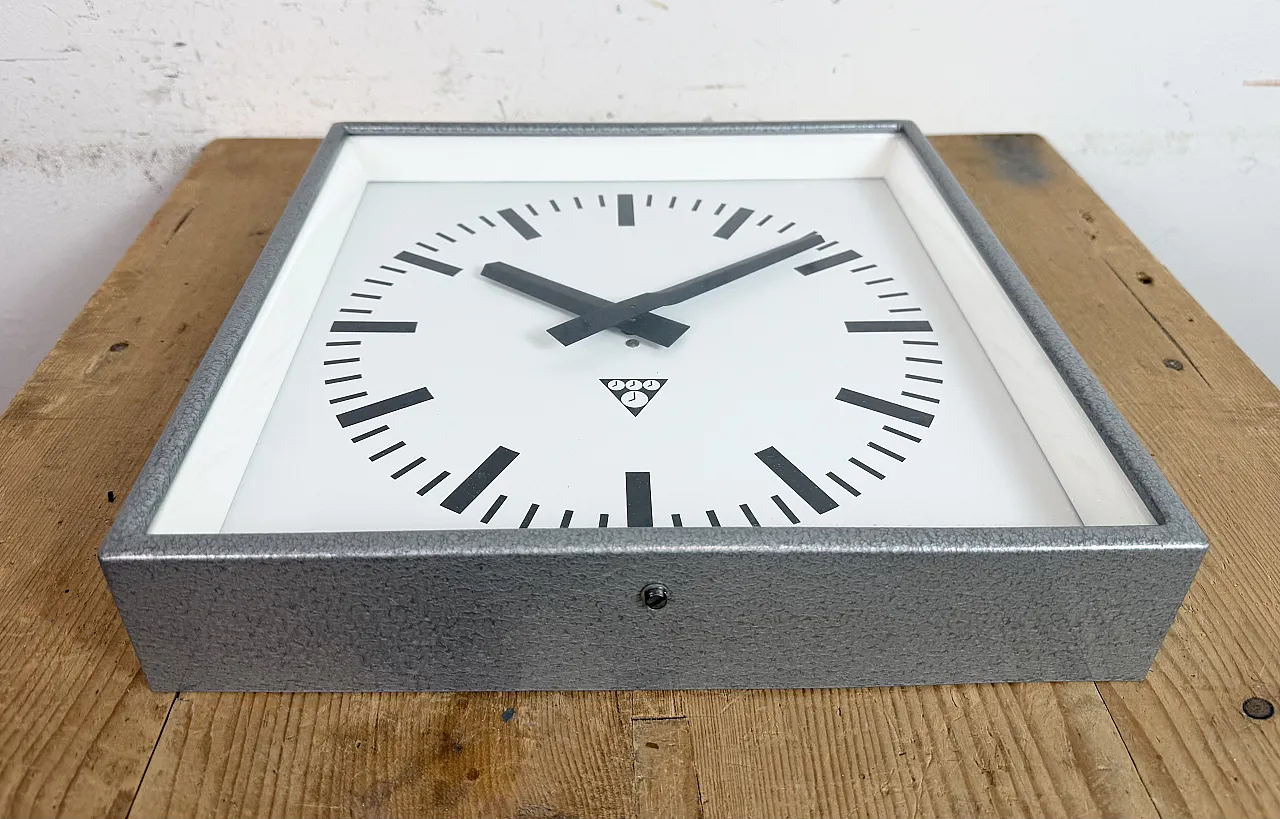 Grey Industrial Square Wall Clock from Pragotron, 1970s 8