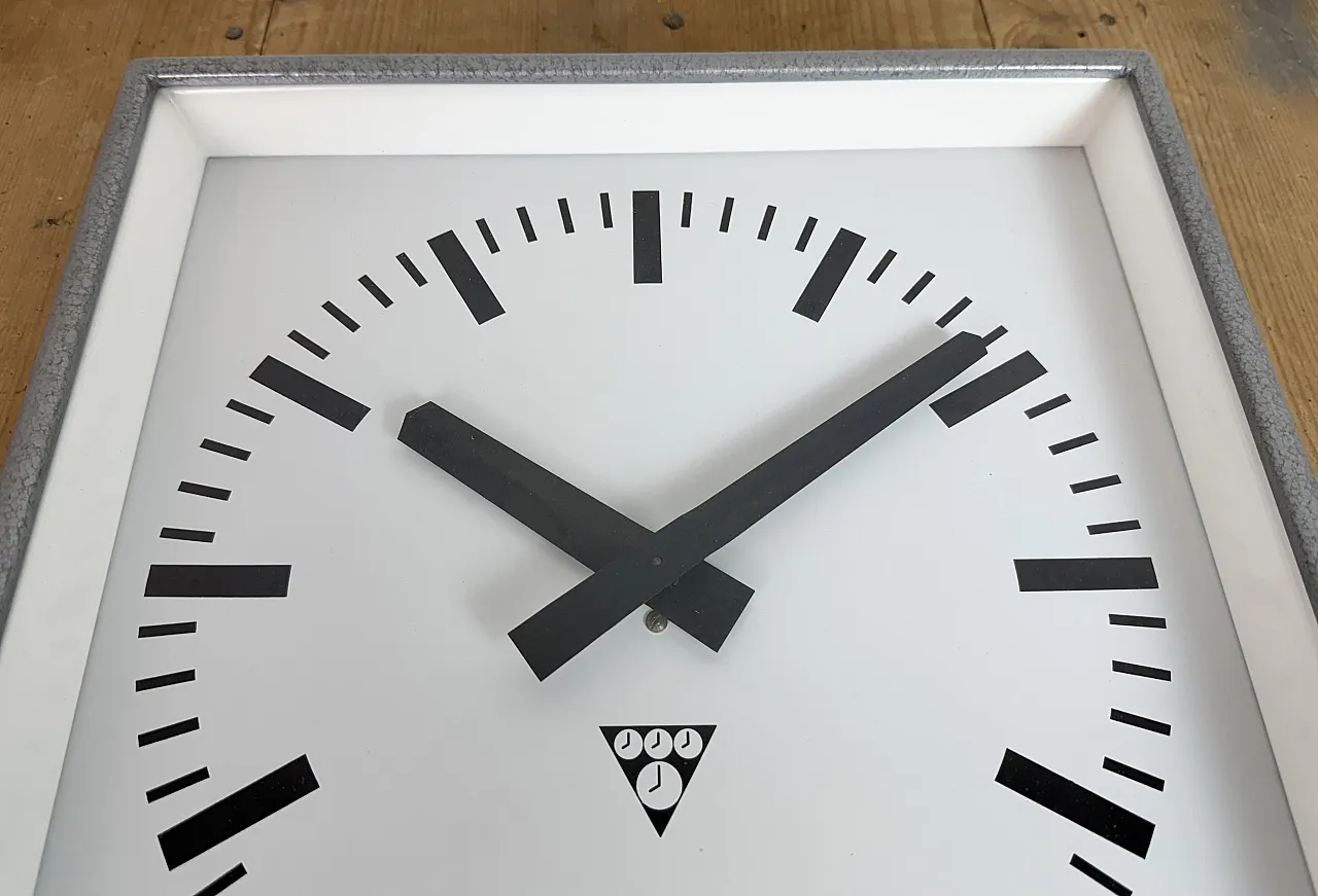 Grey Industrial Square Wall Clock from Pragotron, 1970s 10
