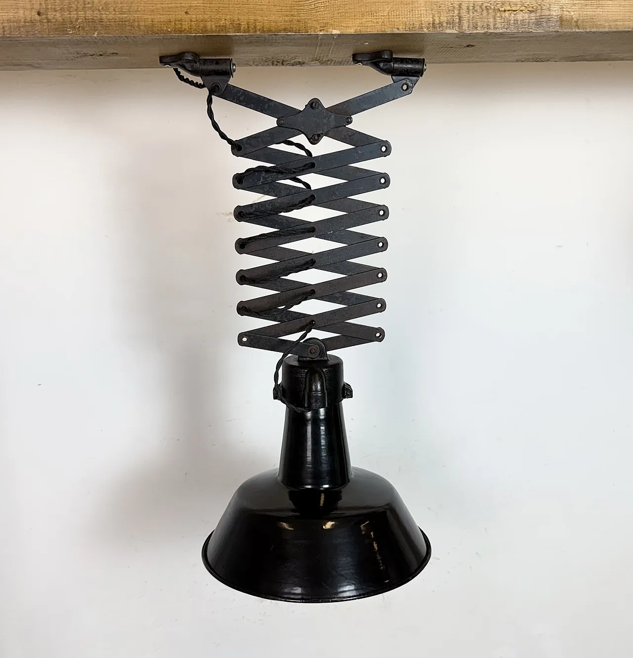 Industrial Black Enamel Scissor Ceiling Lamp, 1930s 2